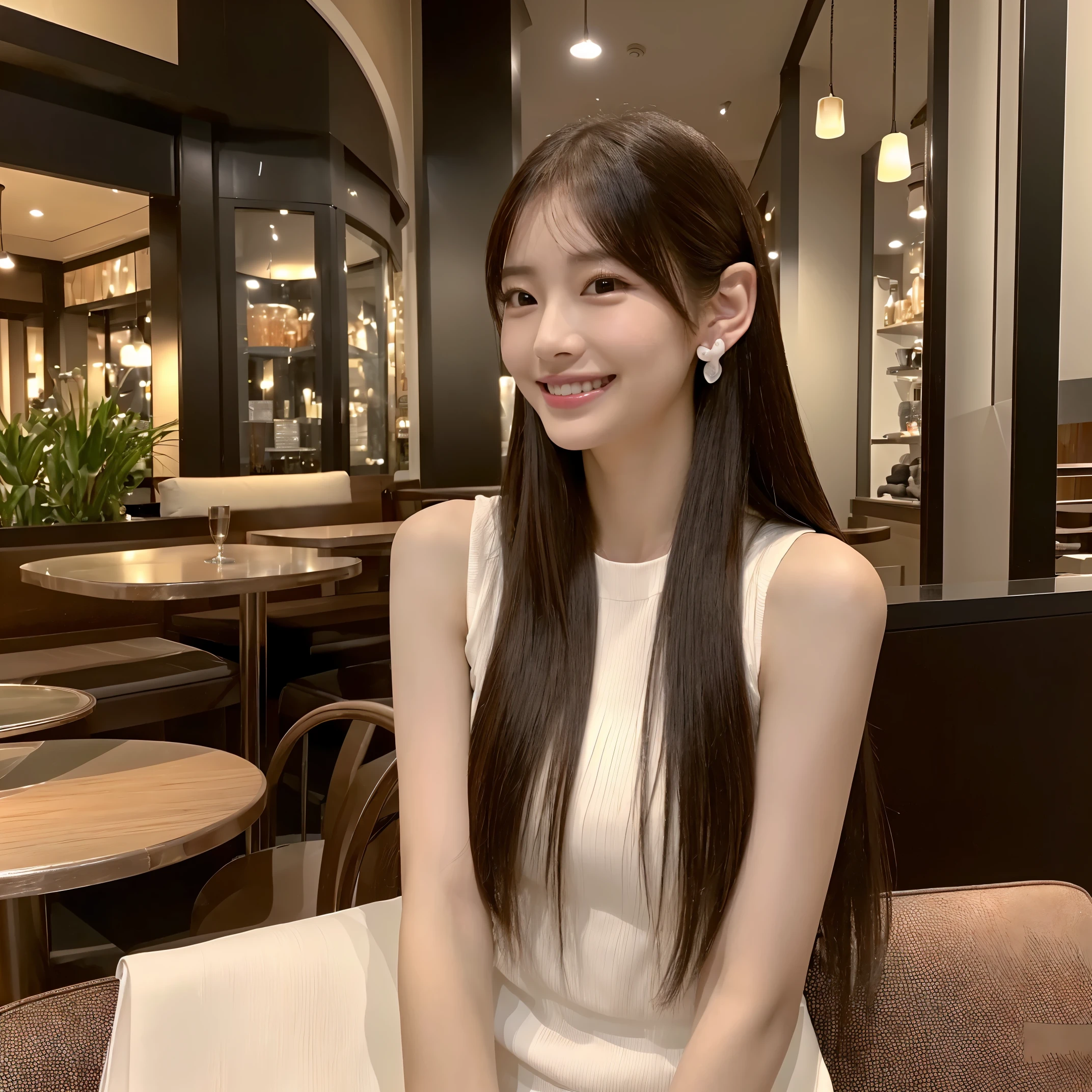 (The ultra -The high-definition:1.5)(ultra-detailliert:1.3) (ultra-quality) (An ultra-high picture quality:1.5) (rialistic photo:1.3) A Japanese Lady 21years old ((detailed and beautiful faces:1.3)) ((realistic skin textures:1.3)) ((Precise, high-quality eyes:1.3)) ((The beauty of detailed and high quality ears, Very fair and transparent skin:1.3)) ((Beautifully groomed long straight hair))Complete body beautiful proportion (Very thin sleeveless shirt:1.3) gentle and elegant fashion Intellectual The background is the inside of a cafe at dusk.. Beautiful, Luxurious and stylish interior ((smile kindly at the viewer:1.3)) Very beautiful high definition image quality ((Amazingly beautiful high-quality images))