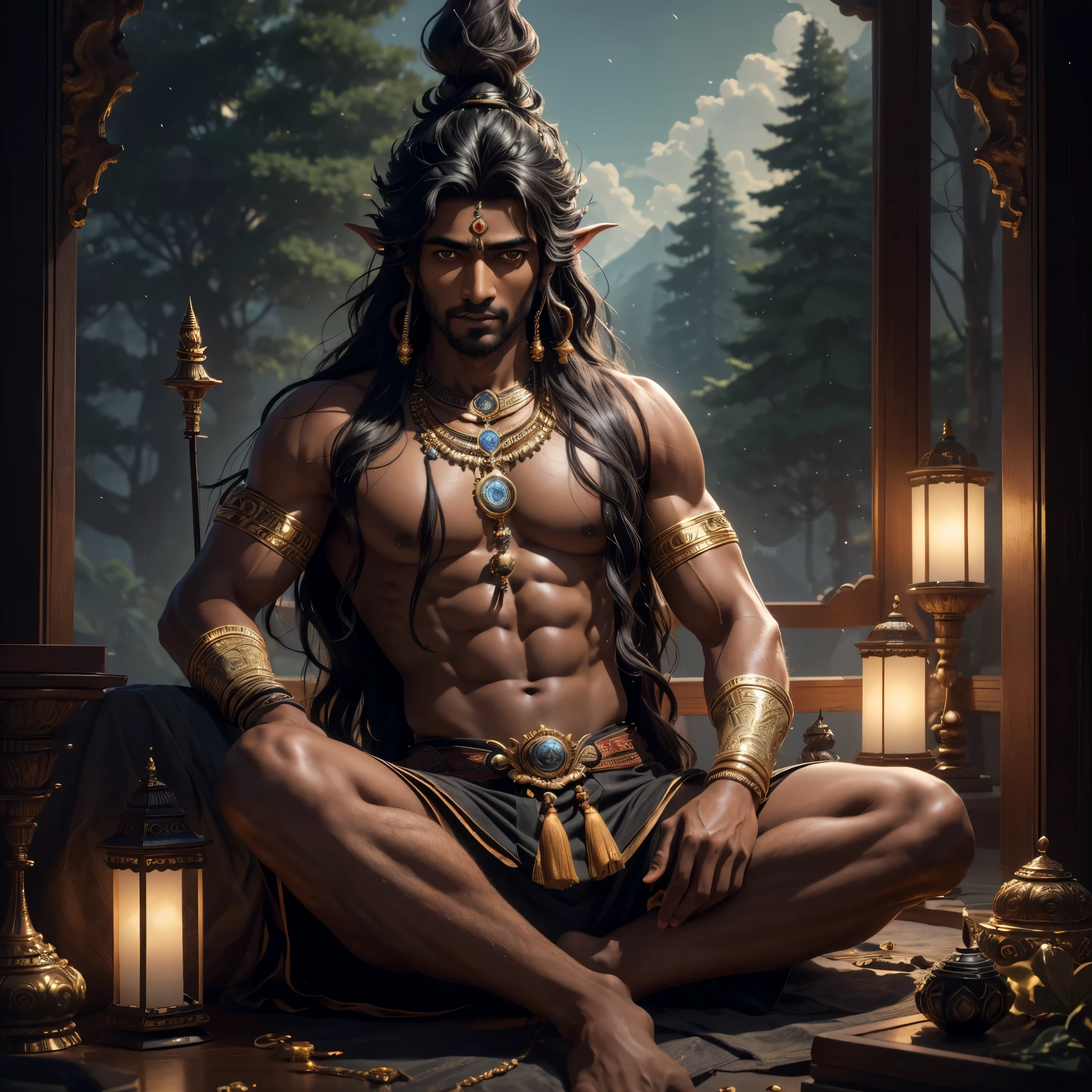 Lord Shiva, meditating under divine tree, wind blowing, sunlight from top angle, little leaf falling from tree, masterpiece, 8k resolution, dynamic lighting, hyper detailed, intricately detailed, trending on Artstation, deep color, Unreal Engine,volumetric lighting, Alphonse Mucha, Jordan Grimmer.