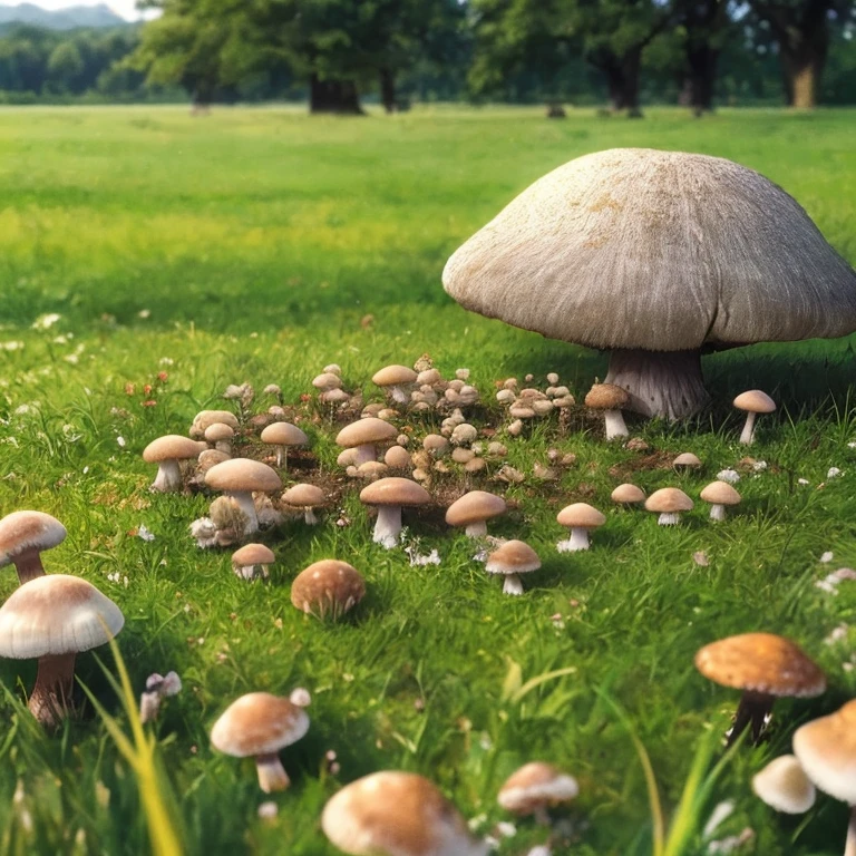 The flat green grass is covered with small mushrooms
