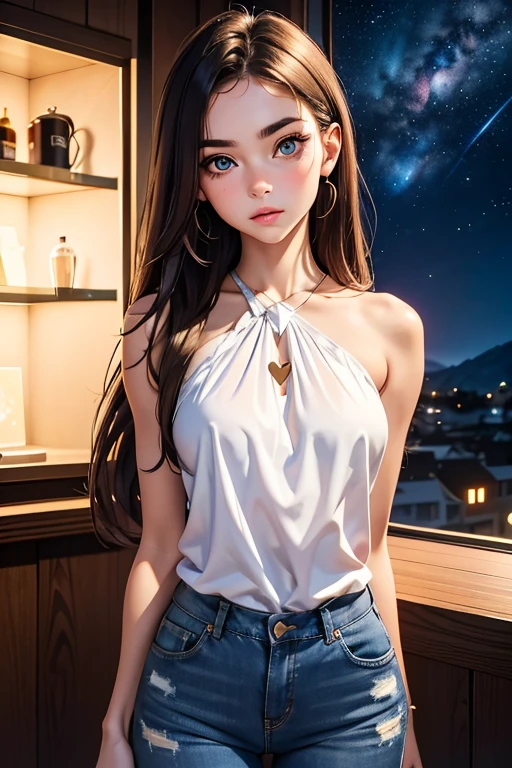 Young adult caucasian female; 18 years old, brunette; Hazel eyes , shoulder length hair, loves the viewer derply, cute, toned, slender physique, amorous gaze; wearing a fitted white blouse and dark blue jeans, shyly confessing her feelings; nighttime ambiance, milky way in the background; hearts in eyes