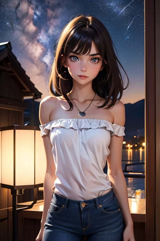 Young adult caucasian female; 18 years old, brunette; Hazel eyes , shoulder length hair, loves the viewer derply, cute, toned, slender physique, amorous gaze; wearing a fitted white blouse and dark blue jeans, shyly confessing her feelings; nighttime ambiance, milky way in the background; hearts in eyes