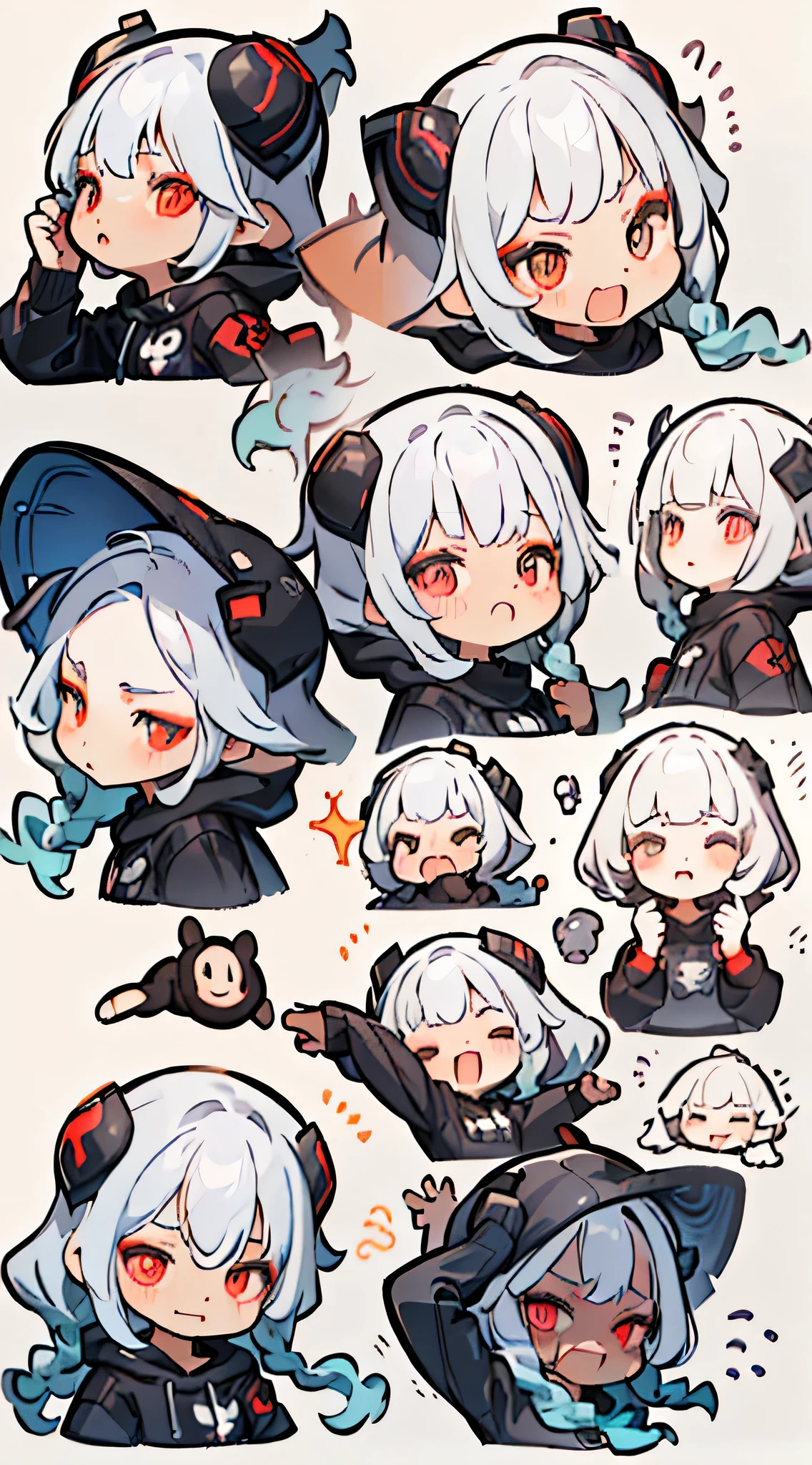 (((Max Quality)), (Character Design Sheet, Same Character, Front, Profile), Portrait from the neck up, Expression change scene, (Expression pattern, Close eyes, Bored expression, Anxious face, Serious expression, Smile, Fun) Illustration, 1 girl, white hair, oversized black hoodie, cyber daemon, ****, cyberpunk, cyber horns, red eyes ( background, white background: 1.3)