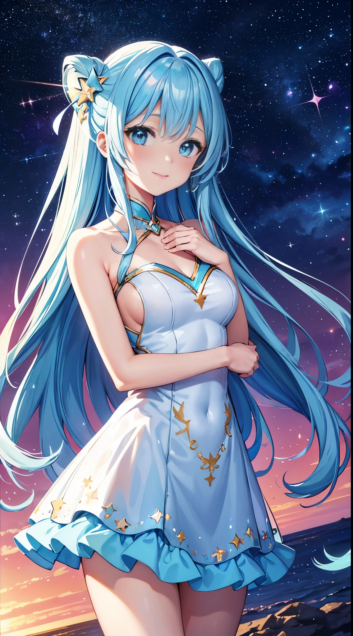 {{{masutepiece}}}, {{best qualtiy, An ultra-fine illustrations, beautifulanddelicatewater}}, {{very delicate light}}, {{Nature, Painting}}, {{Fine Lighting, More transparent stars, Very fine 8K PCG wallpaper}}, (plateau), Sunrise, randomly distributed clouds, cliff, ((Rotating starry sky)), Beautiful girl with long light blue hair with luminous particles、Twin-tailed、adorable smiling、facing front、Super Gloss Metallic Coral Rainbow Transparent Holographic Suit:1.2),Pink and white costume