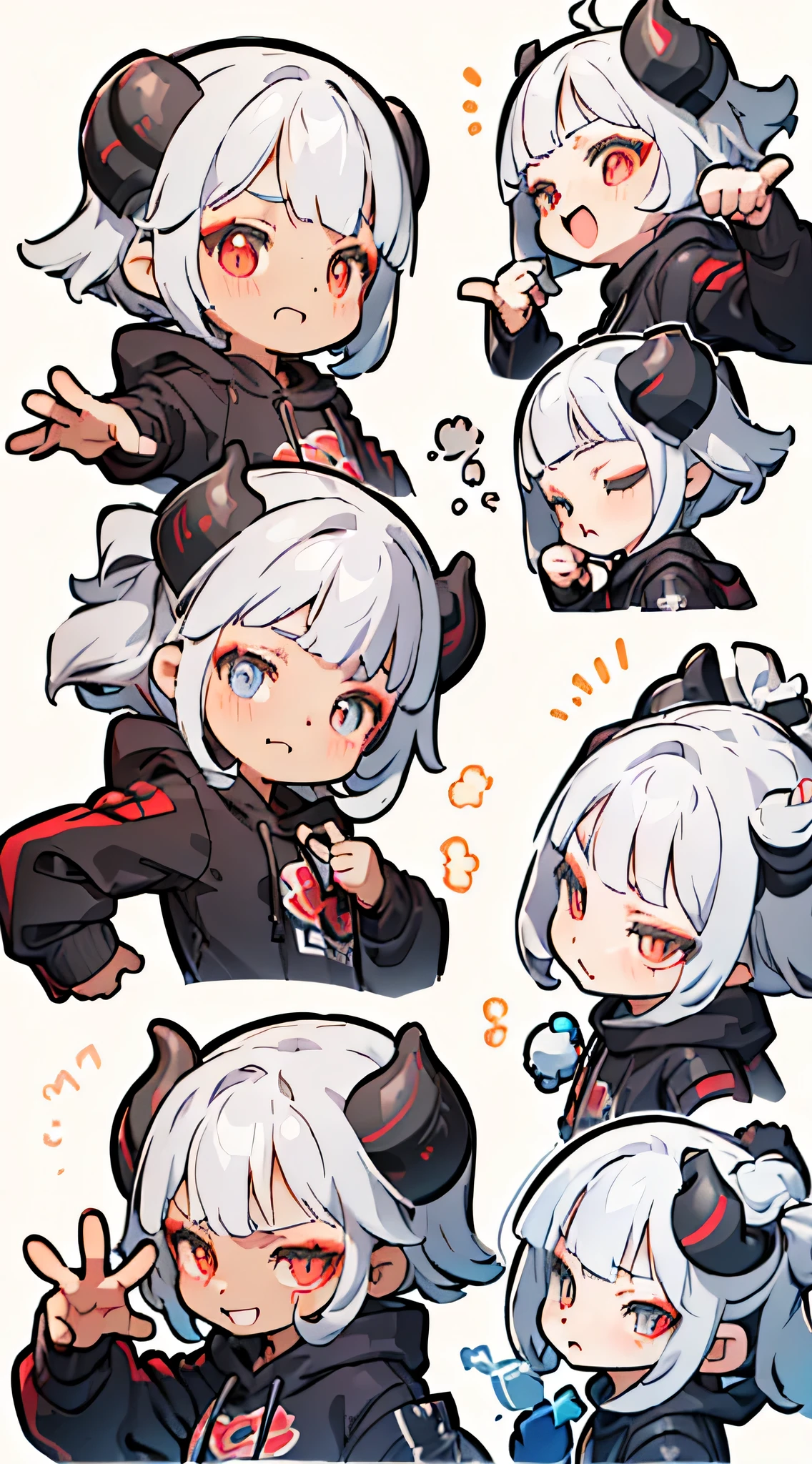 (((Max Quality)), (Character Design Sheet, Same Character, Front, Profile), Portrait from the neck up, Expression change scene, (Expression pattern, Close eyes, Bored expression, Anxious face, Serious expression, Smile, Fun) Illustration, 1 girl, white hair, oversized black hoodie, cyber daemon, loli, cyberpunk, horns, red eyes ( background, white background: 1.3)