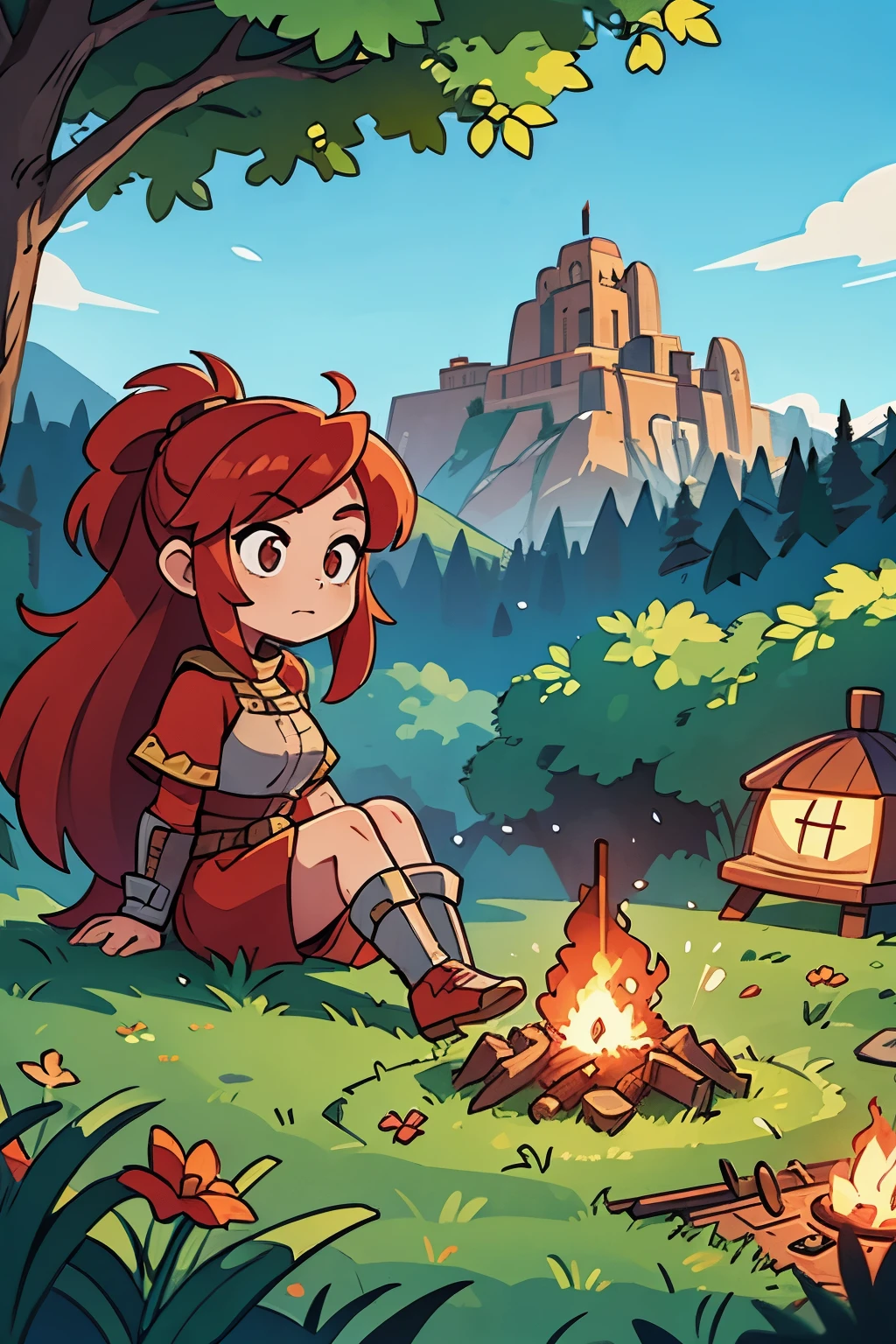 medieval warrior girl with red long hair, sitting on the grass in front of a campfire, holding a sword, with background mountains with a mansion on top