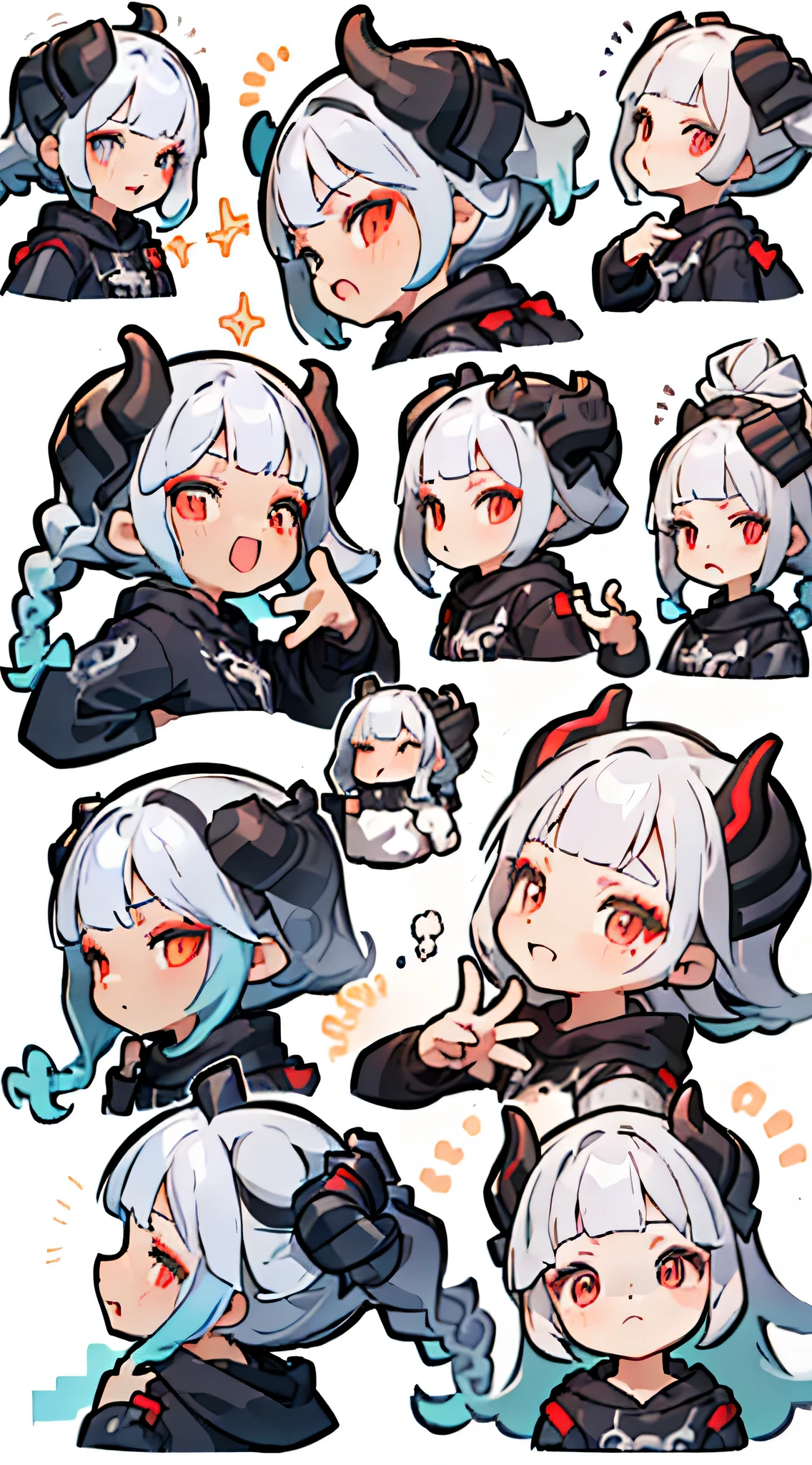 (((Max Quality)), (Character Design Sheet, Same Character, Front, Profile), Portrait from the neck up, Expression change scene, (Expression pattern, Close eyes, Bored expression, Anxious face, Serious expression, Smile, Fun) Illustration, 1 girl, white hair, oversized black hoodie, cyber daemon, loli, cyberpunk, horns, red eyes ( background, white background: 1.3)