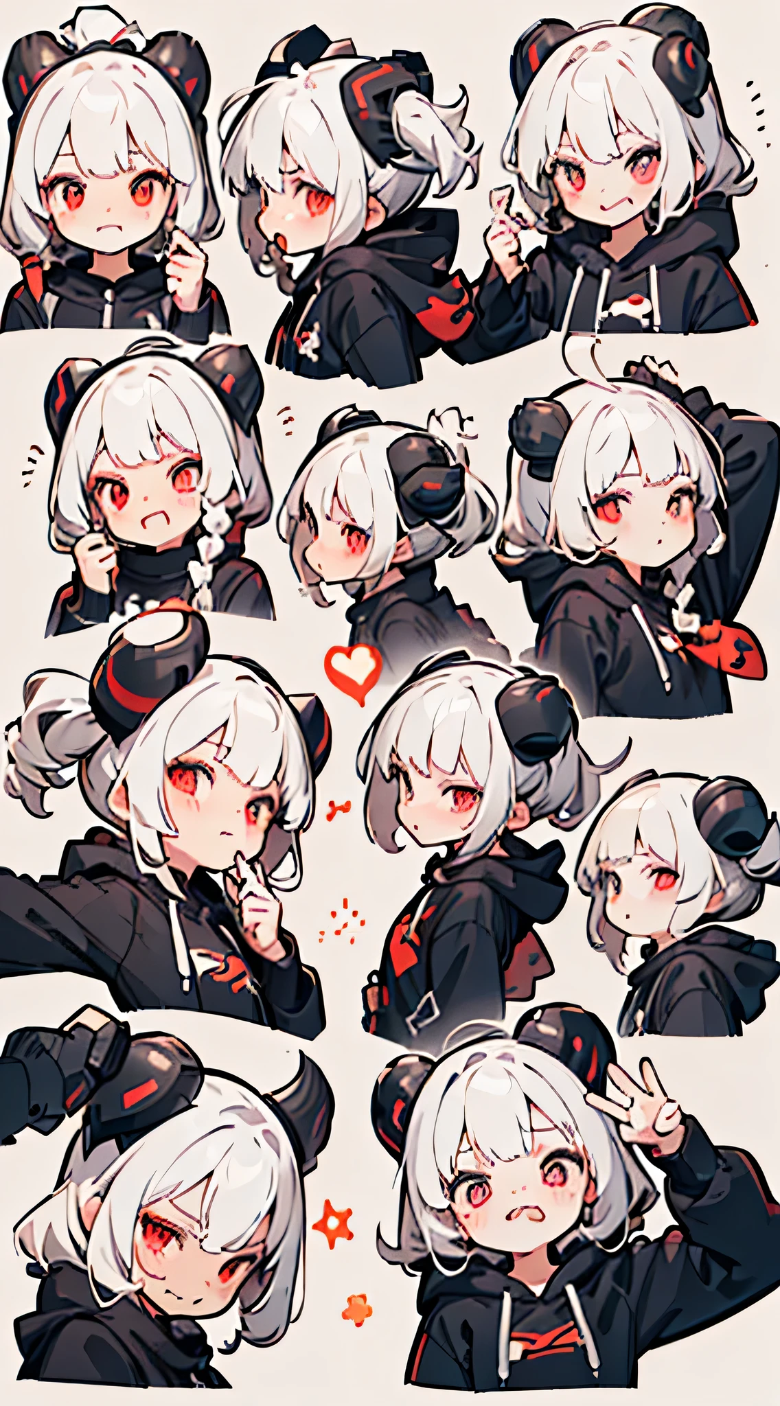 (((Max Quality)), (Character Design Sheet, Same Character, Front, Profile), Portrait from the neck up, Expression change scene, (Expression pattern, Close eyes, Bored expression, Anxious face, Serious expression, Smile, Fun) Illustration, 1 girl, white hair, oversized black hoodie, cyber daemon, ****, cyberpunk, cyber horns, red eyes ( background, white background: 1.3)