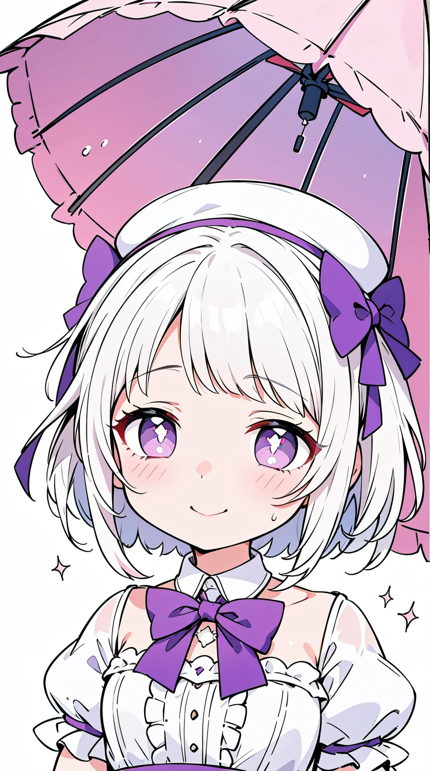 1 girl, Alone,natta,umbrella,rained,hands in pocket hat,tiered dress) (((White hair with pink highlights,short detailed hair,Half bangs,Wearing a purple bow on the head))),Perfect big watery eyes, character design,((Pupils in pink color)),cute anime face, kawaii , stylized anime, Anime cute art style, 详细的脸,8K,k hd,little shy smile,Blushing with joy,Neat face, (tmasterpiece,Best quality at best,),{{{line art,flatcolors}}}