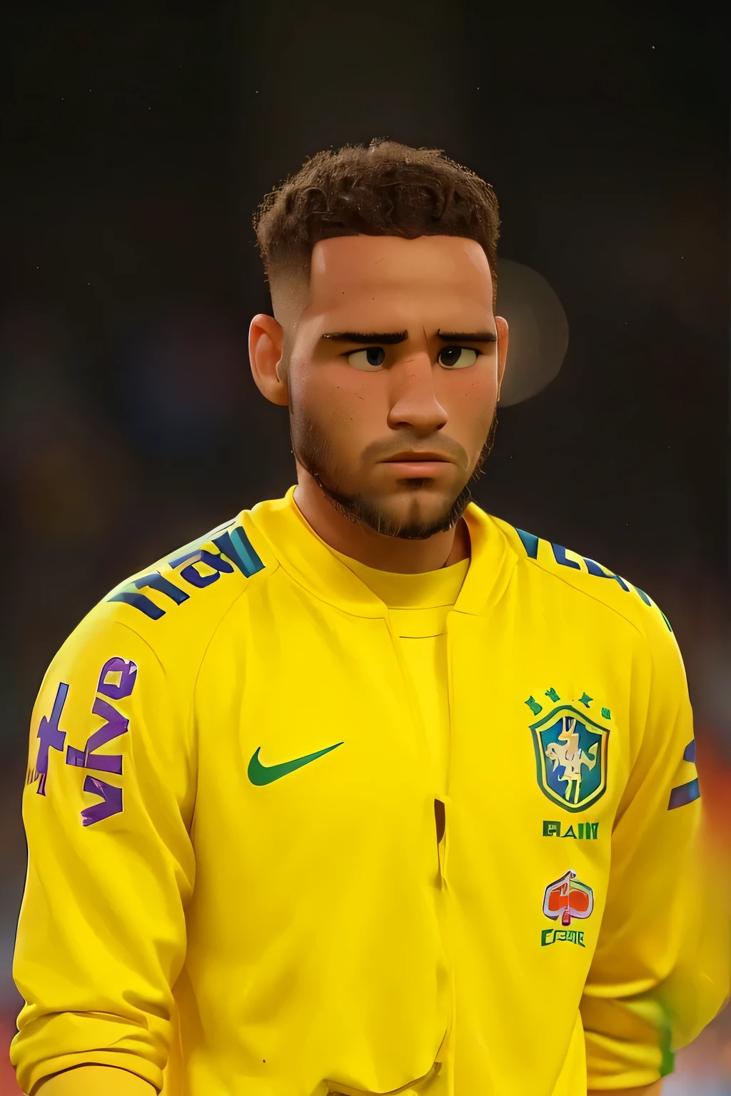 um jogador de futebol, 31 anos, com uma barba pequena, e uma camiseta do Brasil