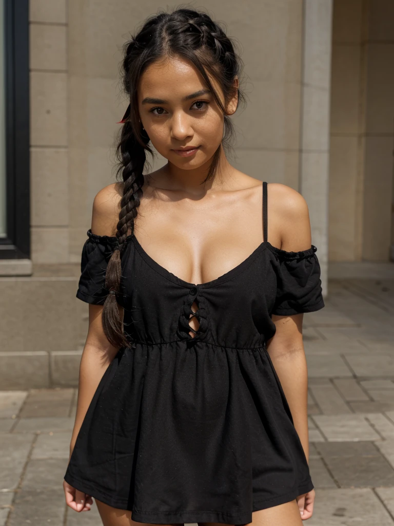 A young Black-haired, tan-skined woman, braided pigtails, little black dress