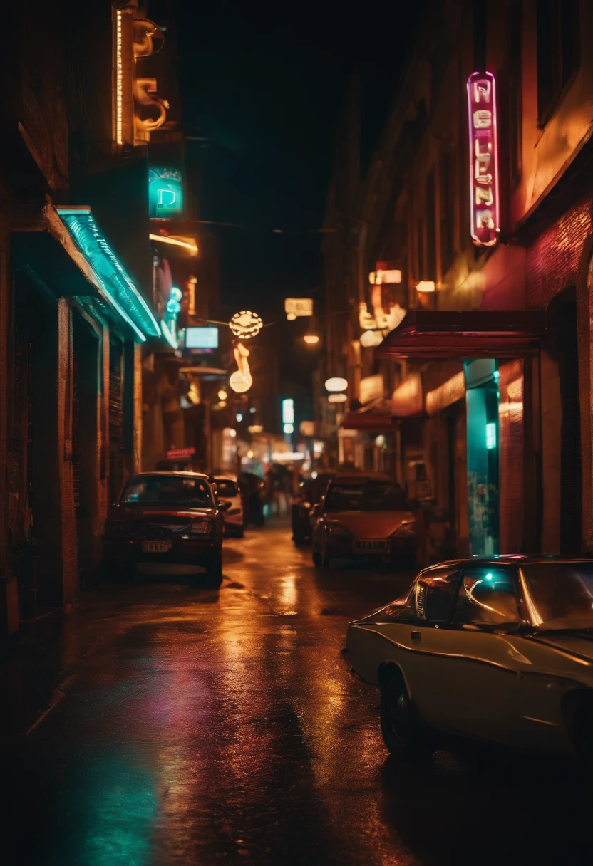 An city street at night, with colorful neon signs illuminating the road, creating a vibrant and energetic ambiance