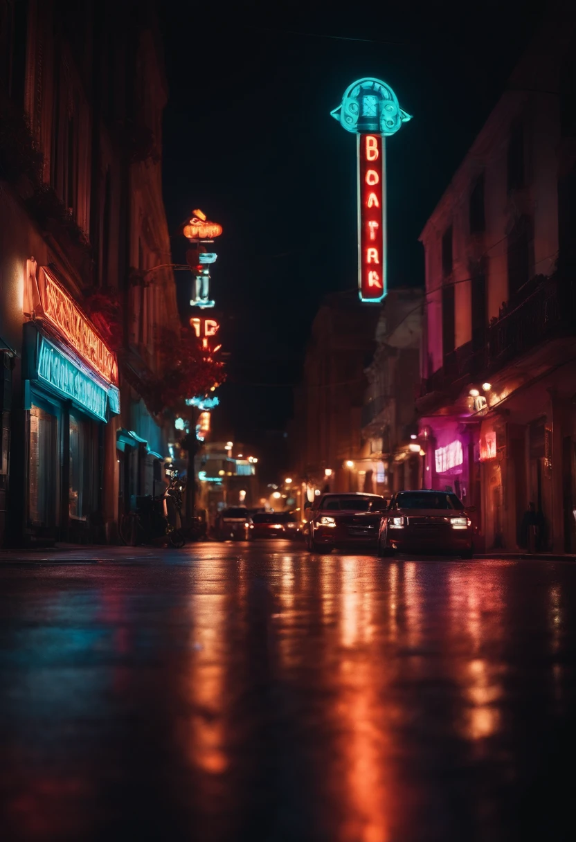 An city street at night, with colorful neon signs illuminating the road, creating a vibrant and energetic ambiance