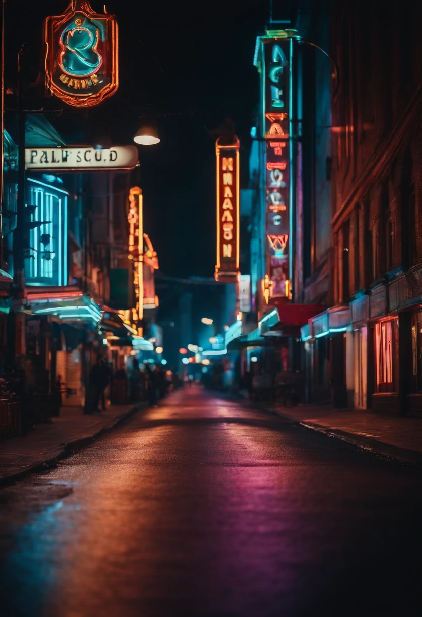 An city street at night, with colorful neon signs illuminating the road, creating a vibrant and energetic ambiance