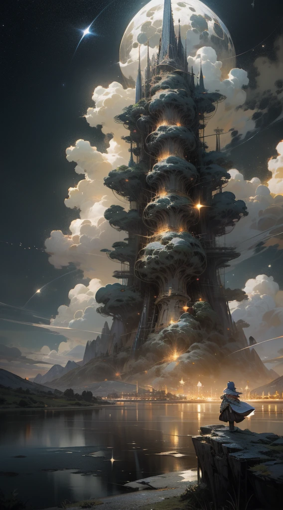 starry night sky with a mountain and a lake, by jessica rossier, inspired by jessica rossier, jessica rossier fantasy art, concept art magical highlight, official artwork, painting of a dreamscape, ethereal realm, atmospheric artwork, dreamy matte painting, tranquility of the endless stars, inspired by Ted Nasmith, moonlit starry sky environment, epic music album cover