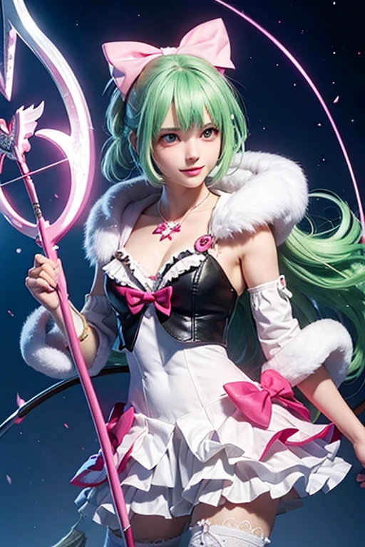 (((8K))), (((wolf))), ((spiky hair)), (((magical boy outfit))), nose bandage, (((limegreen hair))), boy, schoolboy, cute boy, cute, lime green eyes, lime green hoodie, long muzzle, smiling, delinquent, handsome, very detailed, intricate detail, detailed face, cute fang, enthusiastic, energetic, playful, pink nose, black fur, white inner fur, white belly, ((magic boy)), ((madoka anime)), (((Puella Magi Madoka Magica))), (((holding bow))), (((1boy))), from a magical girl team, boyish face, magical boy, Magi-shounen, shorts, (((archery bow))), (((bow weapon))), magical, glowing, holy, acid, lime, chibi