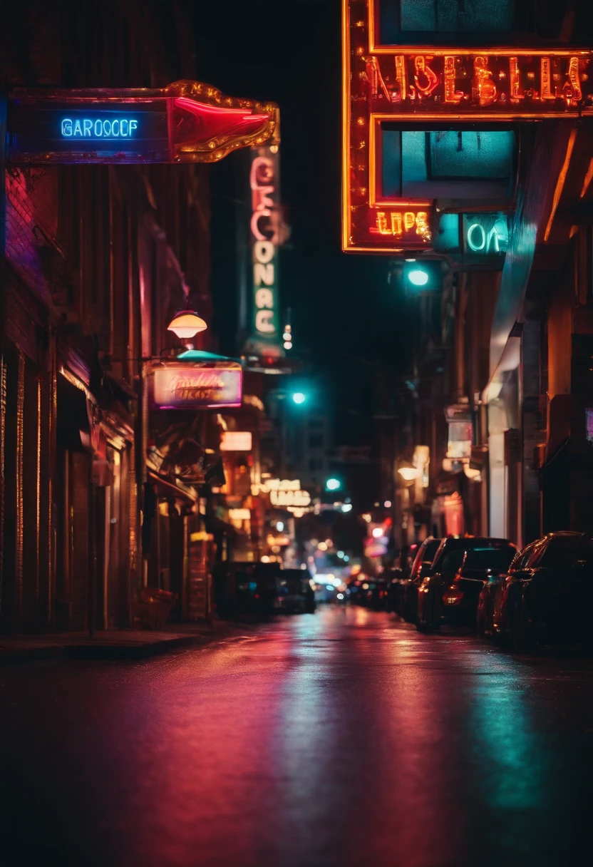An city street at night, with colorful neon signs illuminating the road, creating a vibrant and energetic ambiance