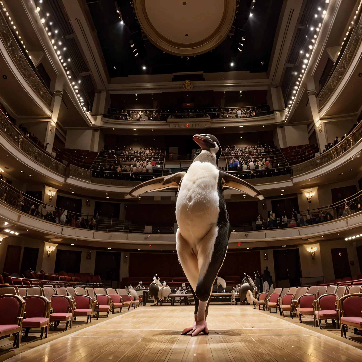 At an opera house, a graceful penguin dances on the main stage, wearing a sparkling tutu and ballet slippers. The rows of seats are occupied by other elegantly dressed animals, while a lion conductor leads an orchestra made up of animals of different species.