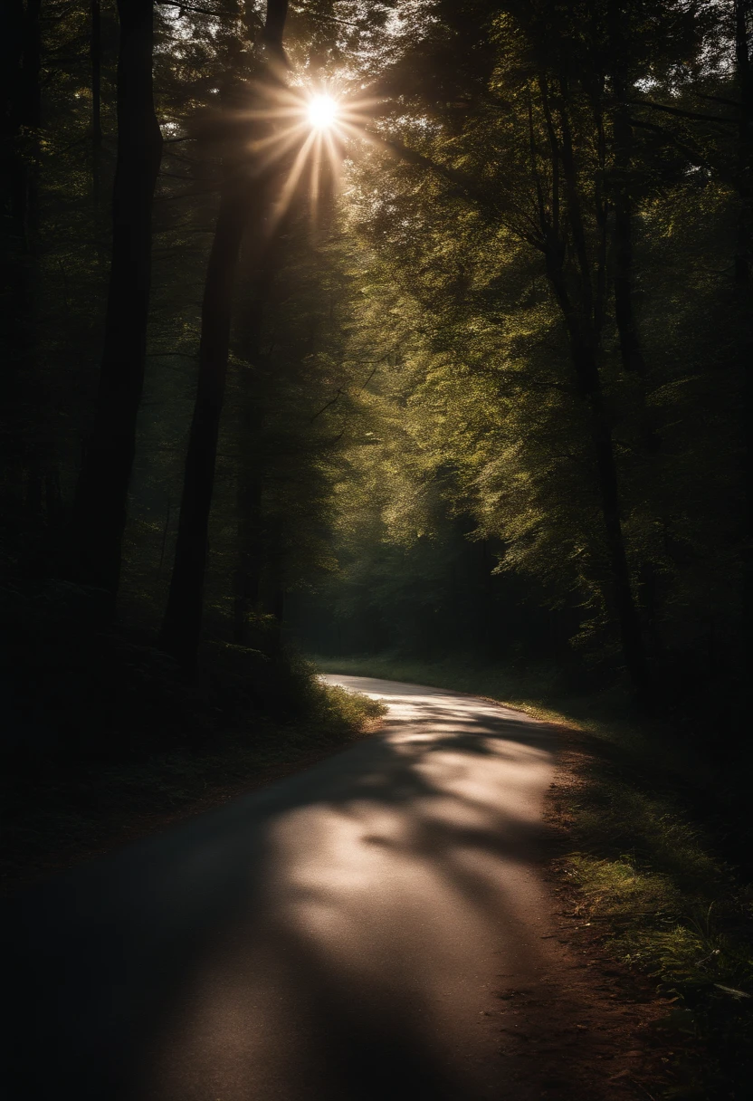 A road winding through a dense forest, with sunlight filtering through the trees, casting beautiful shadows on the pavement