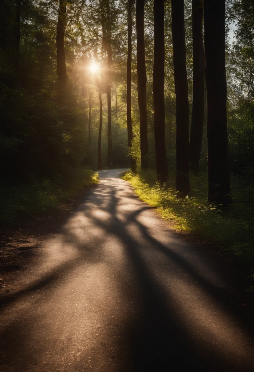 A road winding through a dense forest, with sunlight filtering through the trees, casting beautiful shadows on the pavement