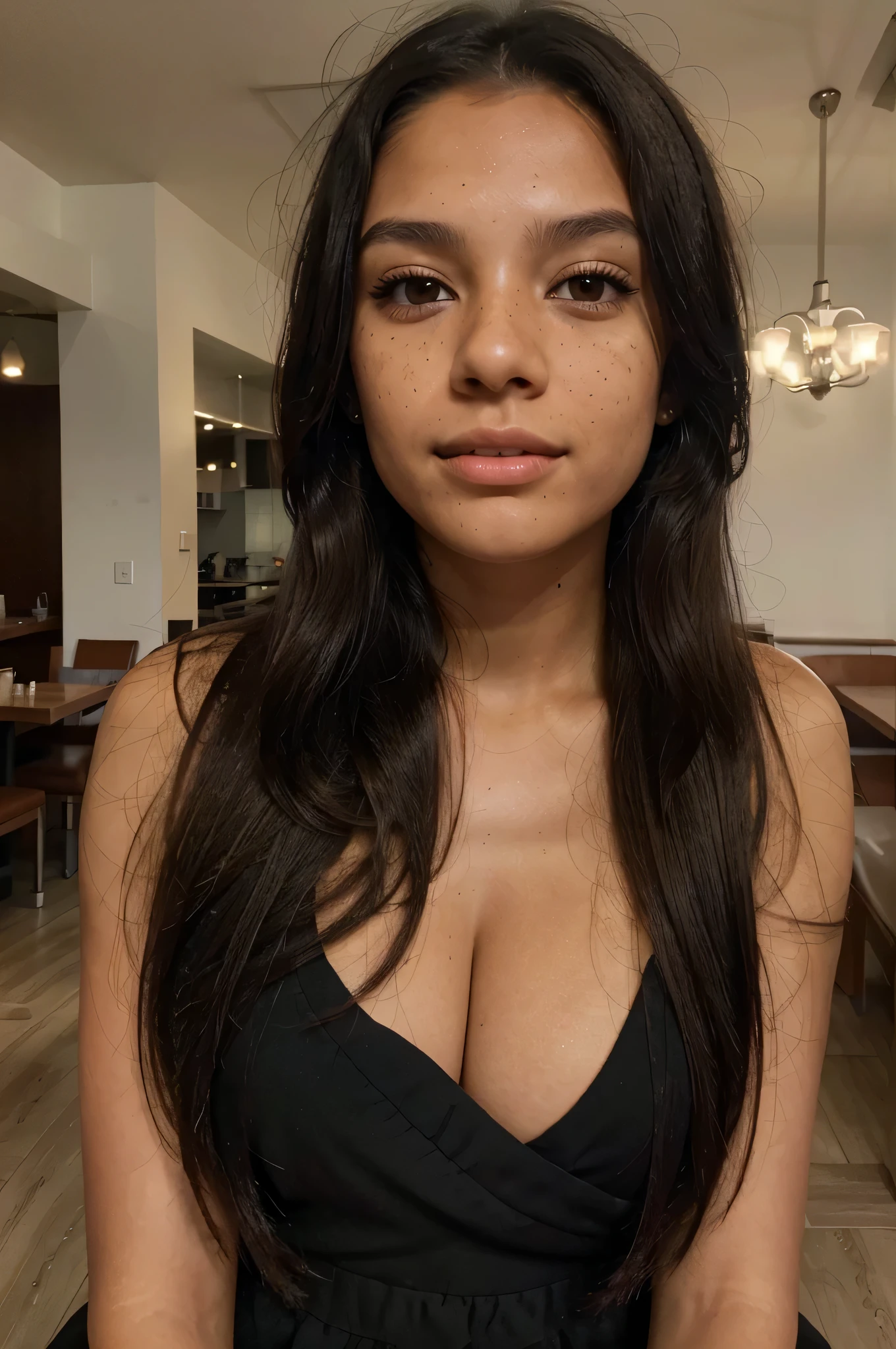 (amateur 1.2), amateur camera selfie photo of 21 years old brazilian female with tan skin wearing clothes, black dark hair, Low exposure, low lighting, unprofessional natural lighting, realistic lighting, dark light, low light, brazilian female with very low freckles on her face and small blackeyes with hyperrealistic eye lashes, hyper realistic skin all over her, beautiful face, detailed face, image noise, low visible impurities, very low slight freckles, detailed skin texture, low detailed skin pores, low impurities on the face, details eyes, eyebrow details showing each individual hair, very minimal and slight redness and imperfections around eye lids, low quality lighting, no light on, normal photo, dressed with a night dress, big tits, slightly smiling looking sexy, realistic tan skin, black dark very long messy hair, light skin brazilian female, black dark very long hair, neutral face, very low freckles, small normal black eyes, little spots, very little acne, in a restaurant in a night dress, 2 feet from camera, head in different natural positions