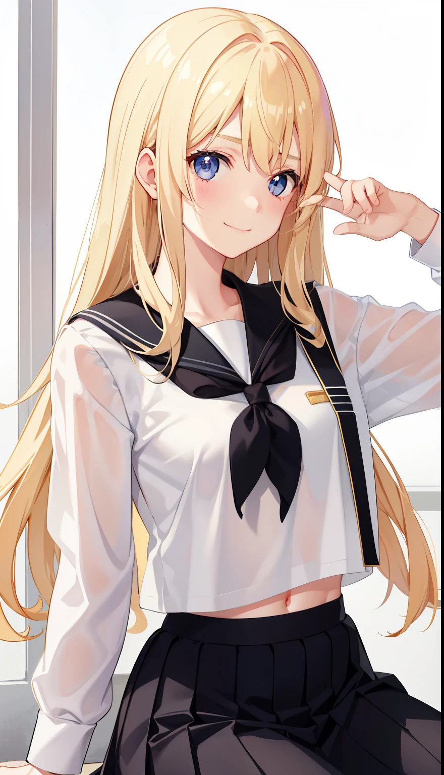 1girl in、A smile、The shirt、skirt by the、(small tits)Chilarism、Japan High School Student Uniform、serafuku、summer clothinorning、Coming to school、Not being able to make it to class in time、Impatient、dash、Whirlwind、Dashing、(Sheer Bra)、Upper body portrait、blonde hair、
