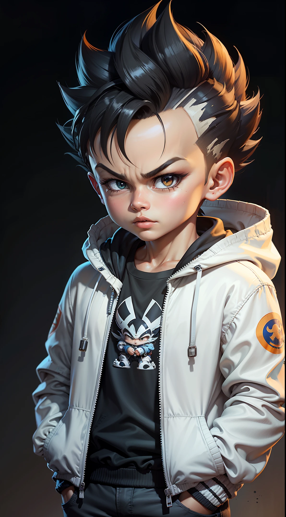 A real life adaptation of this character, his name is Vegeta from the anime Dargon ball, little Goku, wearing a white jacket, black pants (cute work) on a black background. Realistic, realistic clothing with white jacket, background (photorealistic: 1.2),
