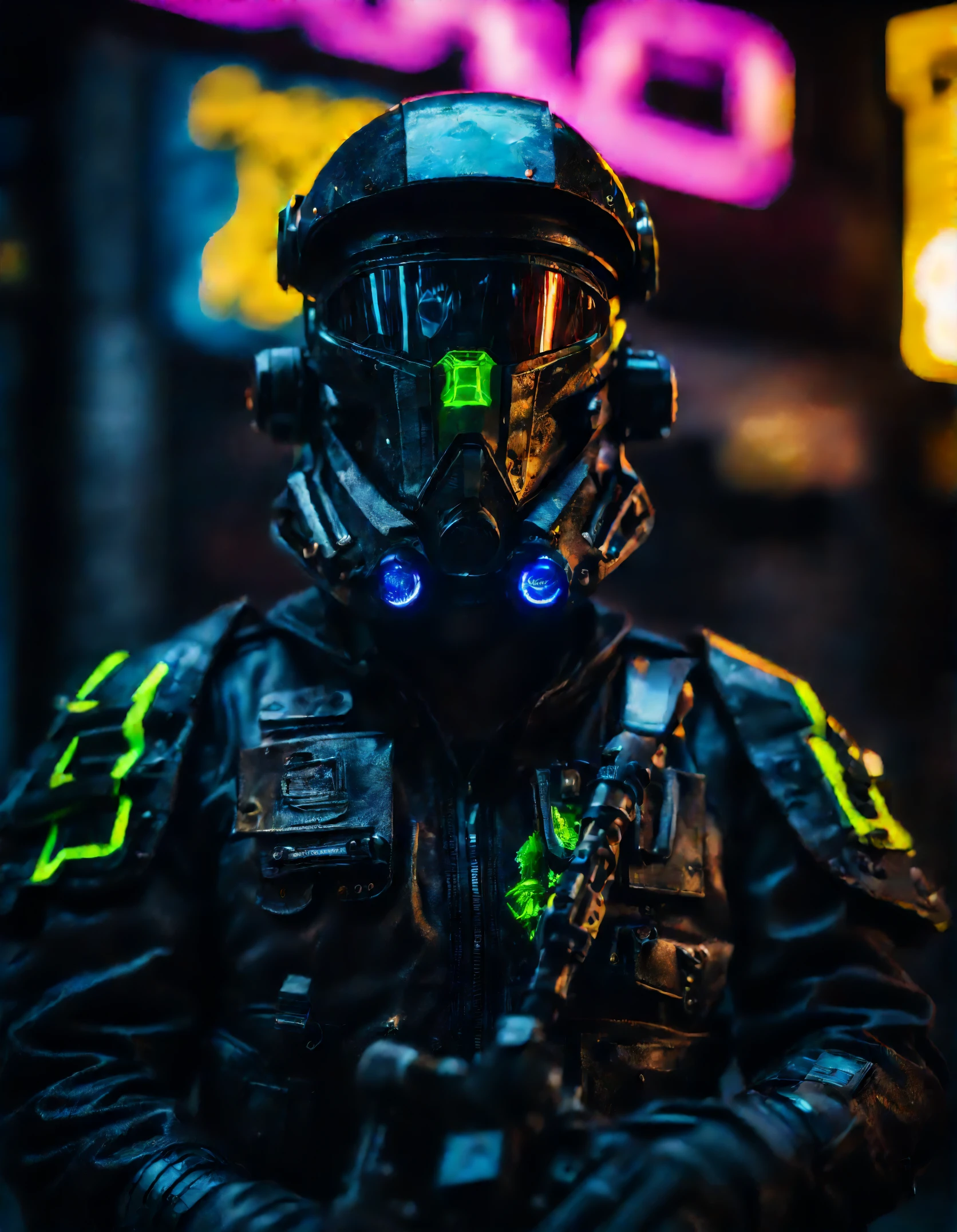Police, Law Enforcement, droid, Neon glasses with reflections, Noir Mecha Detective, By James cameron, 3am, street photography, dark sky, Distained, Cyberpunk movie, (Ultra realism:1.9), Glow in the dark tattoos, Biomechanical Cyberpunk street Cop known as (The Bounty) wearing a black Cybernetic helmet Helmet, wearing a tactical mecha police uniform, standing in a Dark Gritty Dystopian Industrial run down Cyberpunk City. Heavy rain, dirty, and polluted atmosphere. Helmet, Ultra Close-up face portrait photography, Cyberpunk Police officer, intricately detailed, with a focus on the eyes, Blue and Black colors utilizing gradients from neon Blue to Black, Aesthetics include Gritty Dark 1980s Sci-fi, Cyberpunk, reflections, Glitchpunk, glow in the dark, cyberpunk, Biomechanical, Post Apocalyptic, and Horror. The mood is set to be Anger, Distained, glow in the dark paint, angry, and aggressive, corrosion, particles, bokeh, 8k, trending on artstation