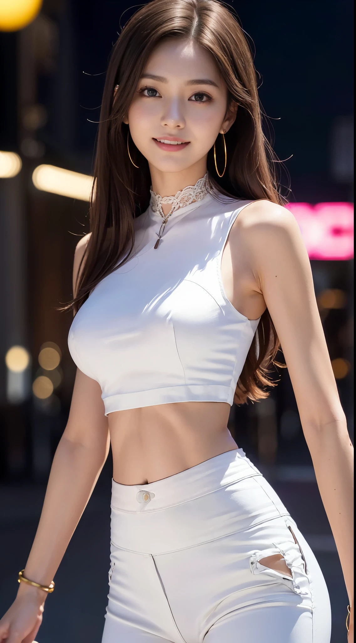 8K, masutepiece, Raw photo, Best Quality, Photorealistic, Extremely detailed Cg Unity 8K wallpaper, depth of fields, Cinematic Light, Lens Flare, Ray tracing, (Extremely beautiful face, Beautiful lips, Beautiful eyes), intricate detail face, ((Ultra detailed skin)) 1girll, In the Dark, deepshadow, Pretty Korean girl, Kpop Idol, 1 girl, (Very slim and slender muscular body:1.3), ((view the viewer)),(Big smile:1.3), (Tight lace-up blouse), (PINK SHIRT), (sleeveless fashion night, a dark night, (Neon Light Sign), (Blurred background), Fashion Street Night),(No one is in the background:1.3), Beautiful earrings, bangle, Necklace, pantyhose, Clear eyes, (pale skin), (big eye ace forward, ((upperbody shot)), ((Silk White Pants:1.3)),(Brown hairs),((Skinny Silk Pants)), (view the viewer:1.3) opened breast, Very slim, medium breasts, turn back, Back shot, , Underwear