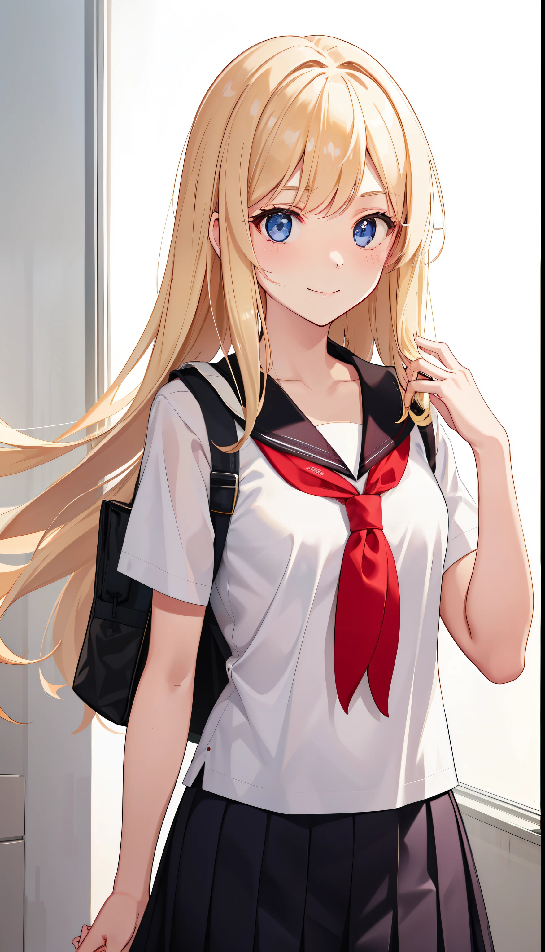 1girl in、A smile、The shirt、skirt by the、（small tits）Chilarism、Japan High School Student Uniform、serafuku、summer clothinorning、Coming to school、Not being able to make it to class in time、Impatient、dash、Whirlwind、Dashing、（Sheer Bra）、Upper body portrait、blonde  hair、
