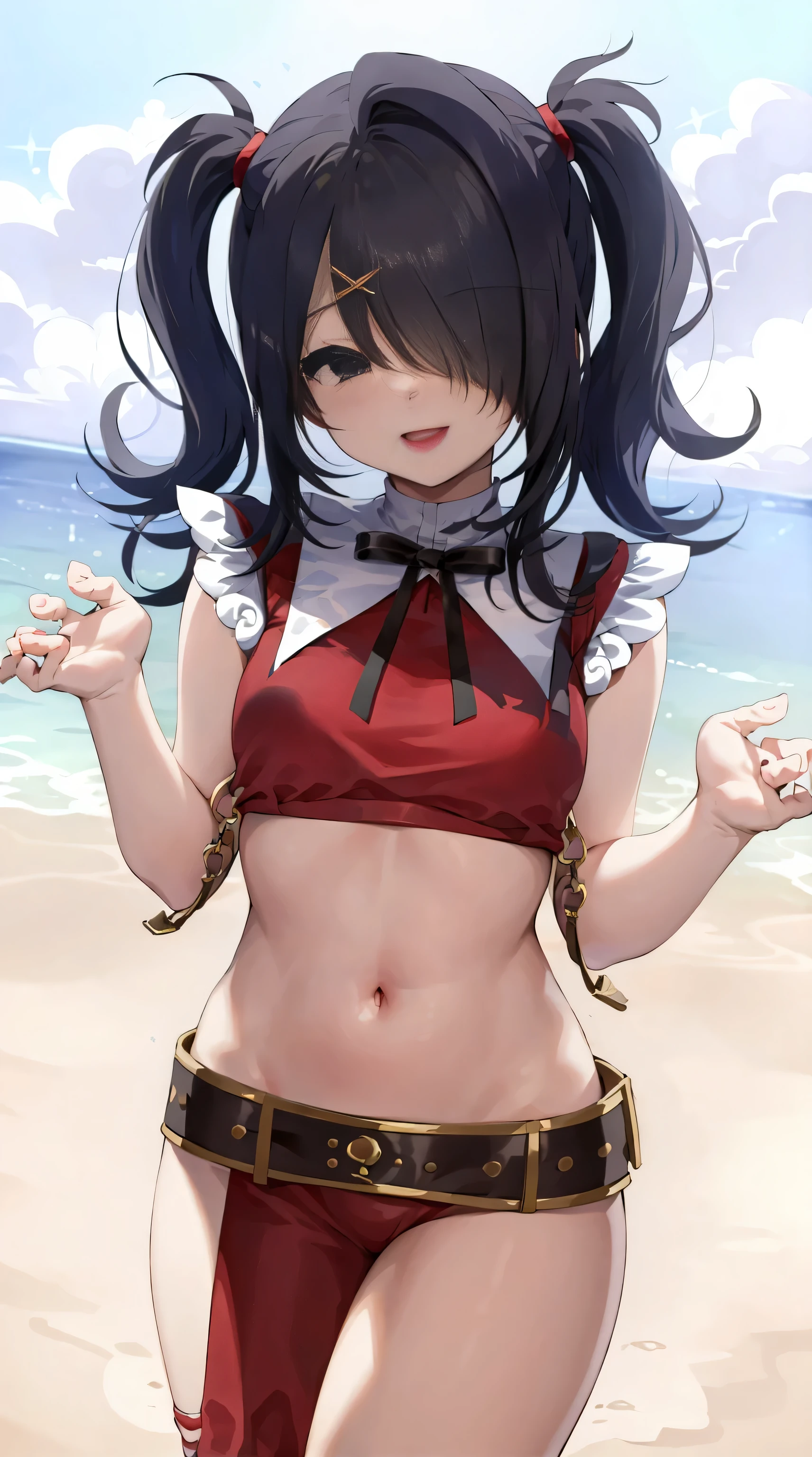 masterpiece, best quality, 1girl, solo, ame-chan, bare stomach, chubby stomach, bikini standing, light smile, happy, sky background, perfect hands, perfectly draw hands