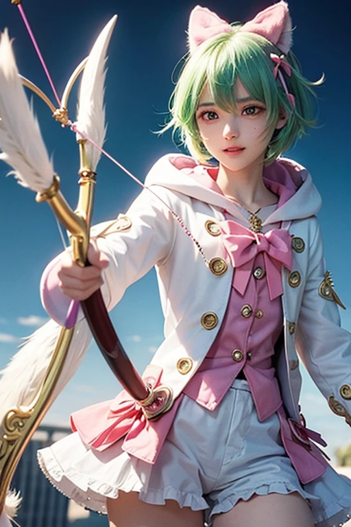 (((8K))), (((wolf))), ((spiky hair)), (((magical boy outfit))), nose bandage, (((limegreen hair))), boy, boy, cute boy, cute, lime green eyes, lime green hoodie, long muzzle, smiling, delinquent, handsome, very detailed, intricate detail, detailed face, cute fang, enthusiastic, energetic, playful, pink nose, black fur, white inner fur, white belly, ((magic boy)), ((madoka anime)), (((Puella Magi Madoka Magica))), (((holding bow))), (((1boy))), from a magical girl team, boyish face, magical boy, Magi-shounen, shorts, (((archery bow))), (((bow weapon))), magical, glowing, holy, acid, lime, chibi