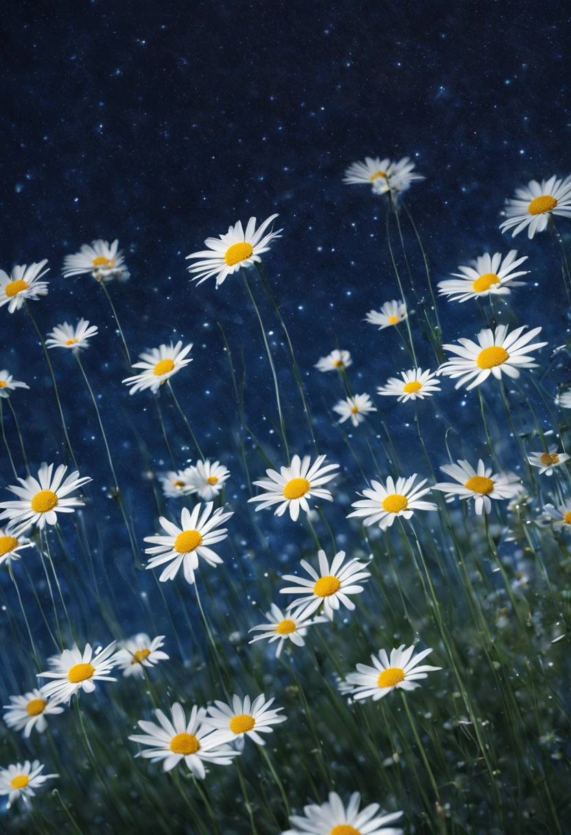 White, Daisy flowers bending in the Summer brise, from there upper part small BLUE particles of light ARE displayed and in the middle of the Air,this BLUE etherial spheres ARE rising to the starry skie.