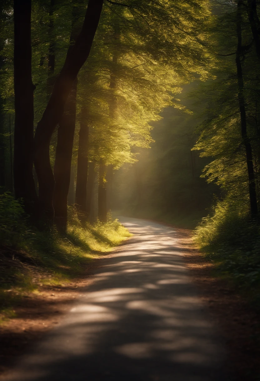 A road winding through a dense forest, with sunlight filtering through the trees, casting beautiful shadows on the pavement