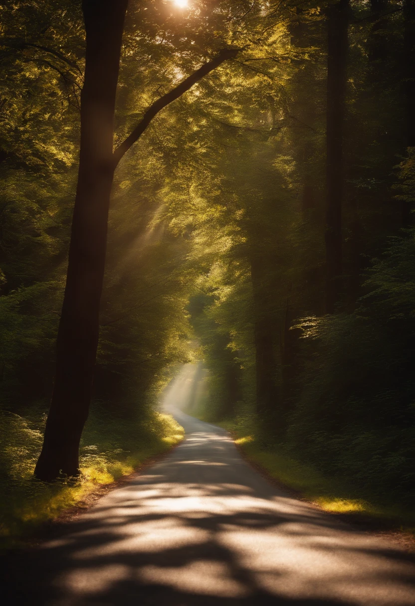 A road winding through a dense forest, with sunlight filtering through the trees, casting beautiful shadows on the pavement