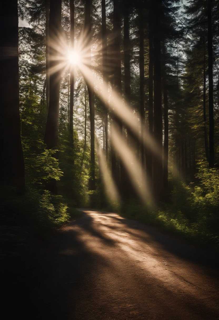 A road winding through a dense forest, with sunlight filtering through the trees, casting beautiful shadows on the pavement