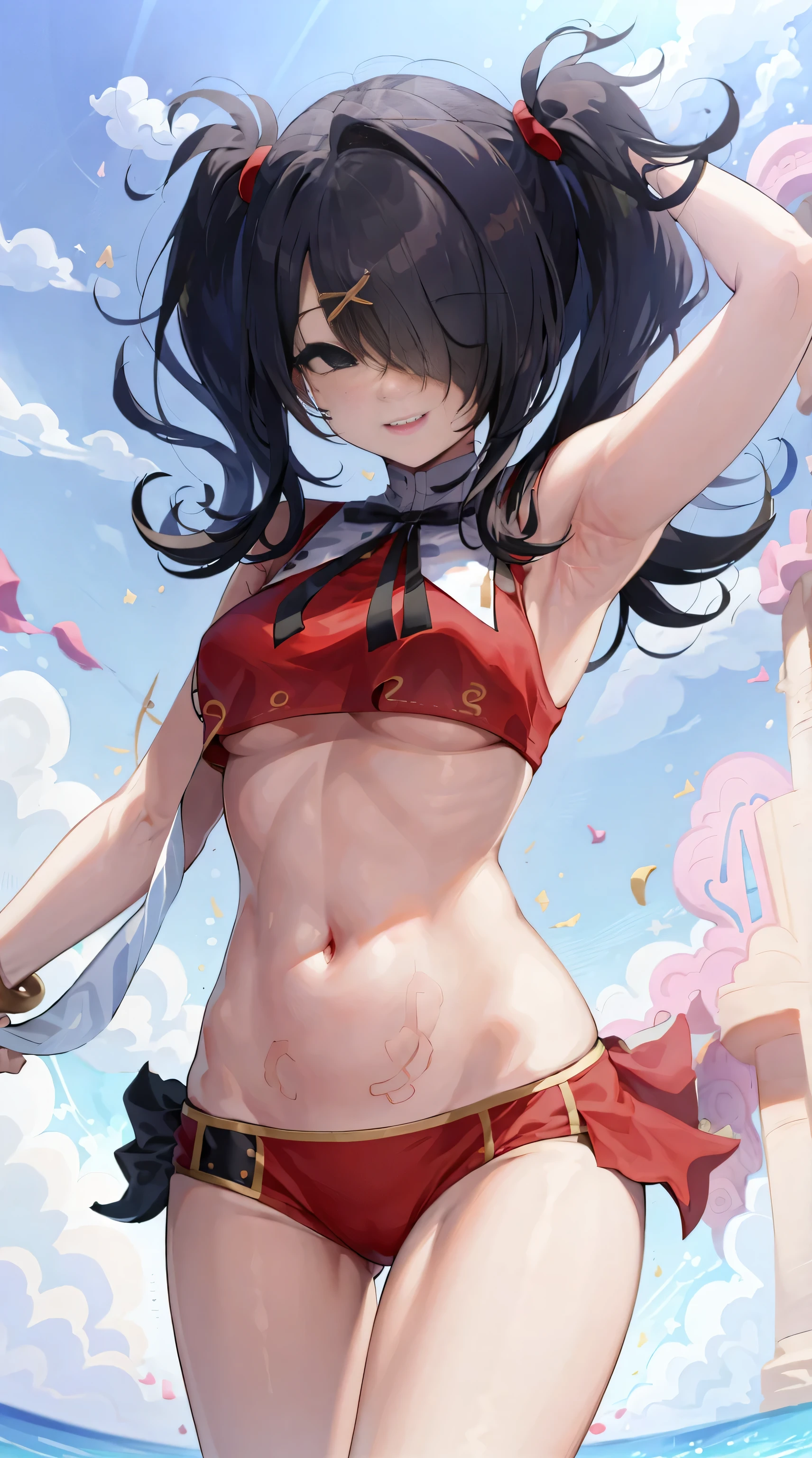 masterpiece, best quality, 1girl, solo, ame-chan, bare stomach, chubby stomach, bikini standing, light smile, happy, sky background, perfect hands, perfectly draw hands
