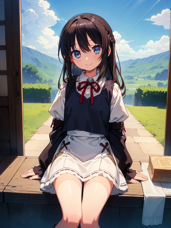 Beautiful illustration, Best Quality, (10 years old female child)、cute petit girl,Lori、 (Superb view), Sitting, fantasylandscape, pure white dress without sleevelack culotack shorts with wide hem、Thighs visible through the gap in shorts、Crotch gap、Thigh gap、V Line、Brown Lace-Up Short Boots, Long crimson double-sided upholstery, Beautiful blue eyes, frombelow, Cinematic lighting, Cowboy Shot, Euphoric smile,(length hair)、Large ribbon on the back of the head