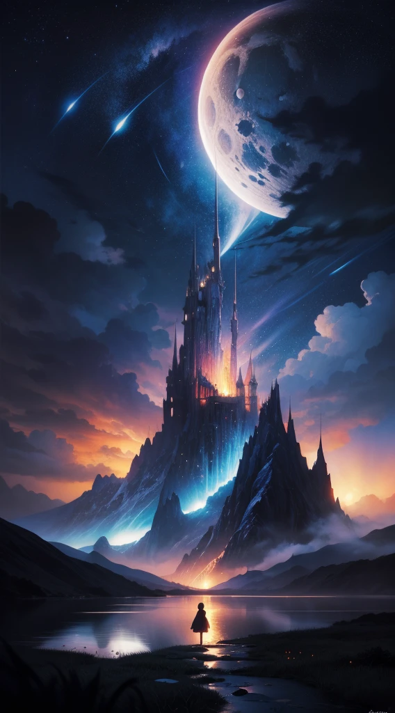 starry night sky with a mountain and a lake, by makoto shinkai, inspired by makoto shinkai, makoto shinkai fantasy art, concept art magical highlight, official artwork, painting of a dreamscape, ethereal realm, atmospheric artwork, dreamy matte painting, tranquility of the endless stars, inspired by Ted Nasmith, moonlit starry sky environment, epic music album cover