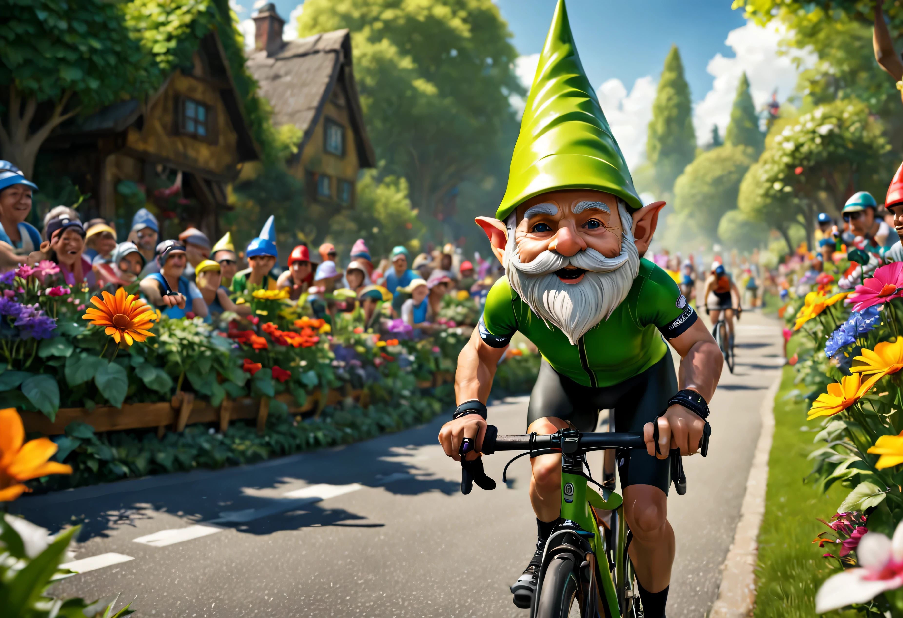 "(meilleur qualité,4K,Haute résolution),Couleurs vives,Rendu physique,portrait,petite taille,nain de jardin vert vif,visage et expression détaillés,habillé en tenue de sport,casque de vélo,engagé dans une épreuve de triathlon,Faire du vélo de route,transpirer et respirer fortement,énergique et déterminé,concentré sur la course,fond pittoresque avec d'autres athlètes,Foules en liesse,belle journée ensoleillée,ombres et reflets accentuant la forme et la texture,Des détails nets et clairs,rendu réaliste des vêtements et de l'équipement du gnome,des tons chair réalistes,mise au point nette sur le visage du gnome et son équipement de cyclisme,fleurs et plantes colorées entourant le jardin,lumière du soleil scintillante illuminant la scène,Éclairage de studio puissant,Profondeur et perspective impressionnantes,composition immersive et captivante"