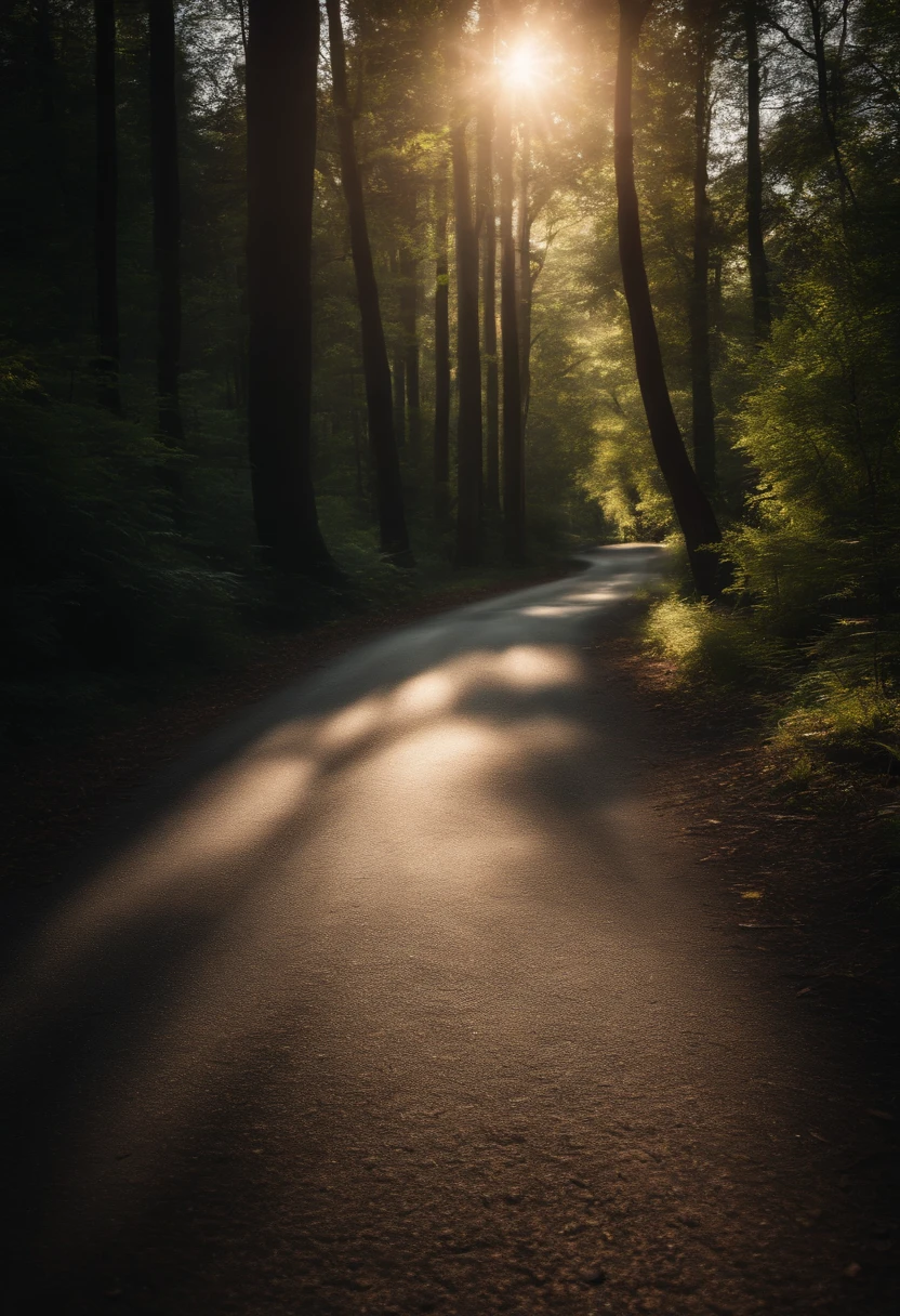 A road winding through a dense forest, with sunlight filtering through the trees, casting beautiful shadows on the pavement