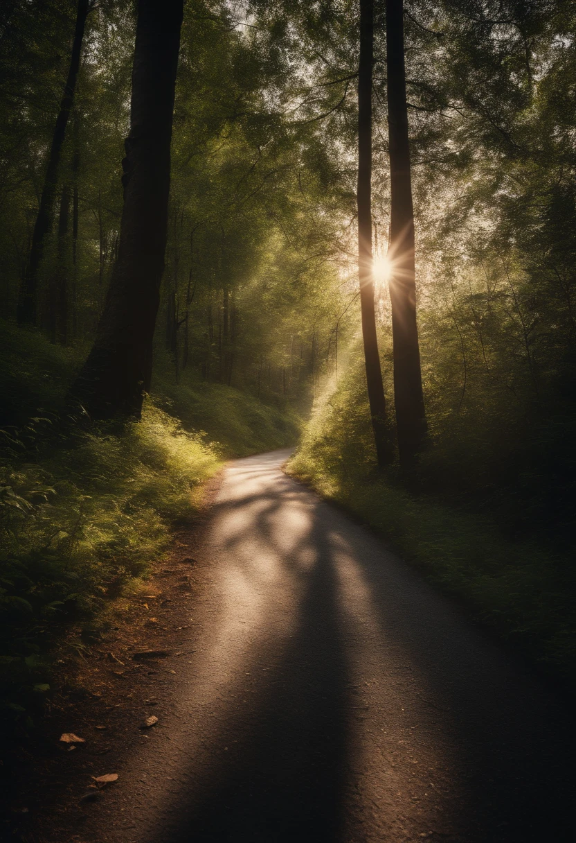 A road winding through a dense forest, with sunlight filtering through the trees, casting beautiful shadows on the pavement