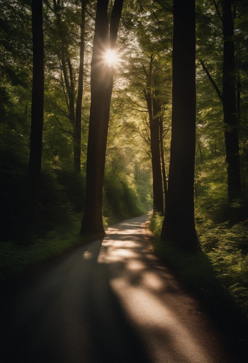 A road winding through a dense forest, with sunlight filtering through the trees, casting beautiful shadows on the pavement