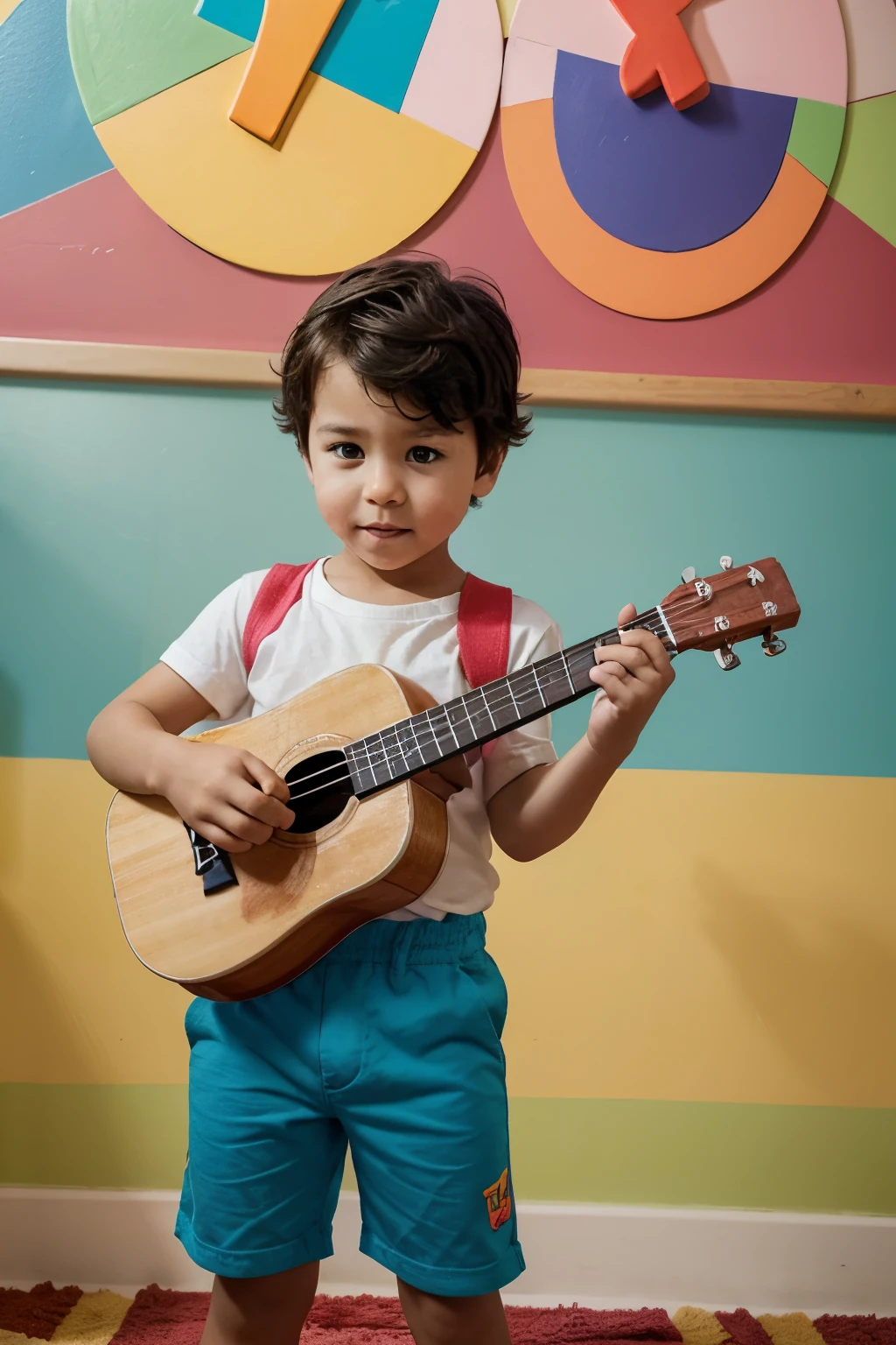 A boy of 2-3 in bright clothes with a ukulele in his hand, in the interior of a bright children's room, but without accent details, the boy has 5 fingers and two legs on each hand