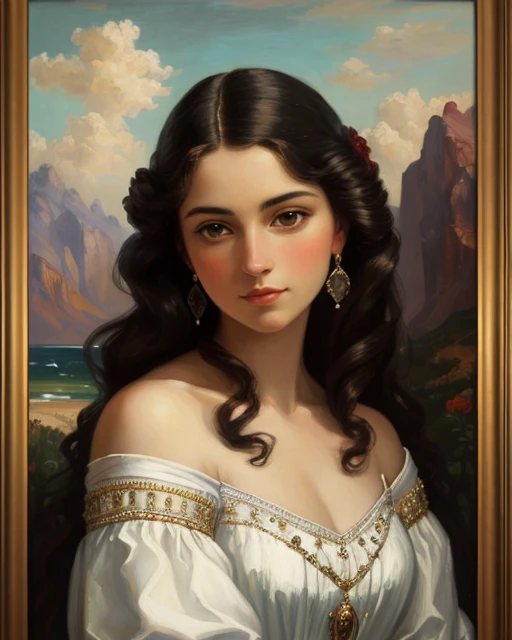 In an oil painting, a beautiful woman [Sophia Loren:Maude Adams:0.3] is portrayed in a stunning backdrop, capturing the essence of her allure and the beauty of the surroundings. The artist's skillful brushwork and use of rich, vibrant colors bring depth and dimension to the artwork, reminiscent of the works of John Singer Sargent. The woman's features are delicately rendered, highlighting her grace and elegance. The composition draws attention to her presence, while the scenic backdrop adds an element of serenity and visual interest. The oil painting stands as a timeless depiction of feminine beauty set against a captivating environment.