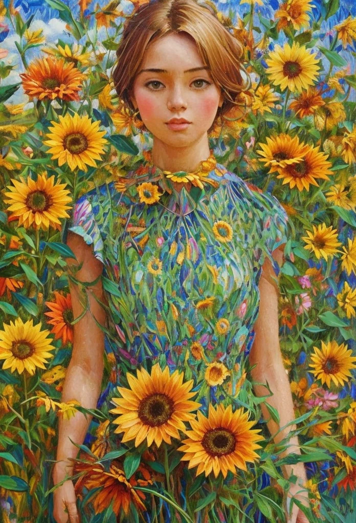 (ultra-detailed background, detailed background), absurdres, highres, ultra detailed, extremly detailed, 1girl, (bunch of flowers:1.3), (zentangle:1.2), (geometric:1.2),(colorful), Stylized poster, Russian beauty, in sunflowers, (artist Andrey-Remnev), ((Best Quality, tmasterpiece)), Extreme detailing, 8K
