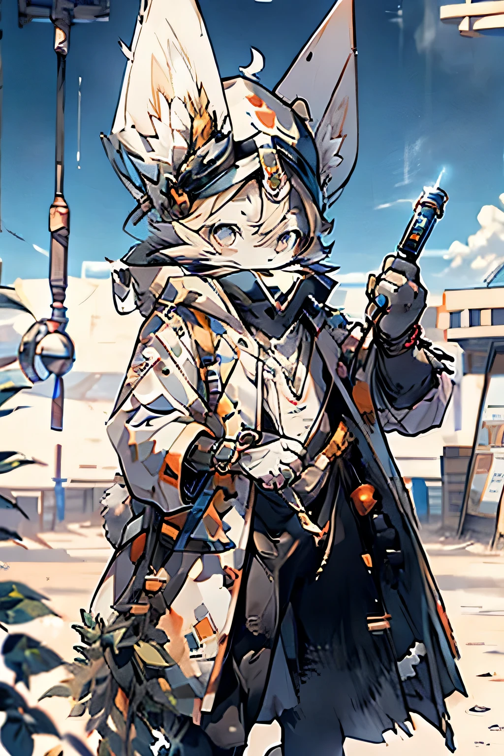 Big floppy eared rabbit in medical gear and holding a vial with a desert background