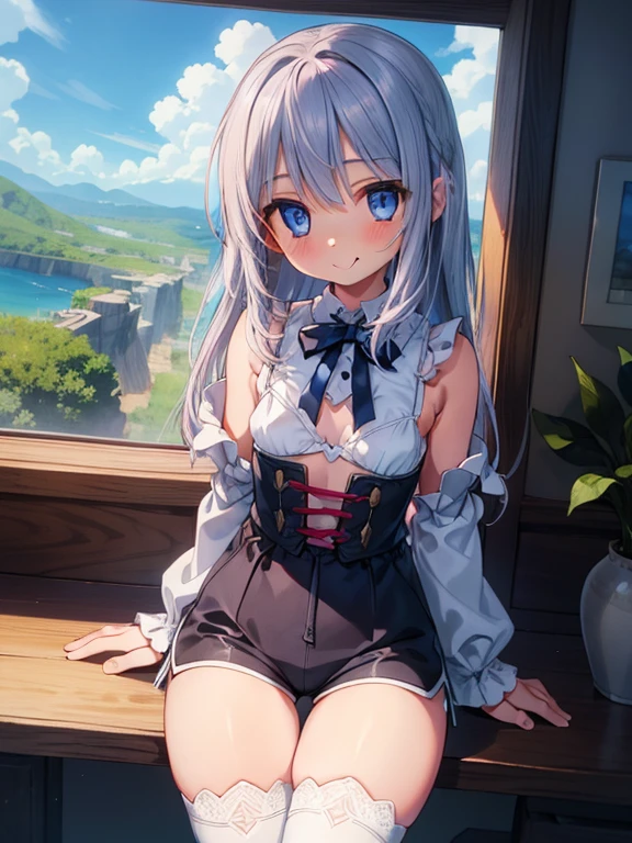 Beautiful illustration, Best Quality, (10 years old female child)、cute petit girl,Lori、 (Superb view), Sitting, fantasylandscape, pure white bra without sleeves, lack culotack shorts with wide hem、Thighs visible through the gap in shorts、Crotch gap、Thigh gap、V Line、Brown Lace-Up Short Boots, Long crimson double-sided upholstery, Beautiful blue eyes, frombelow, Cinematic lighting, Cowboy Shot, Euphoric smile,(length hair)、Large ribbon on the back of the head