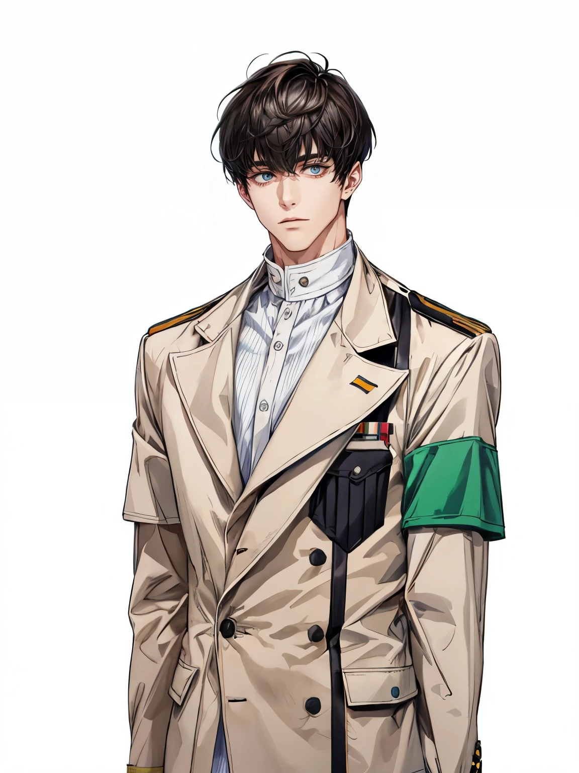 bowl cut,male people,Uniform jacket,Inside is a white stand-up collar t-shirt,He has the big eyes of God