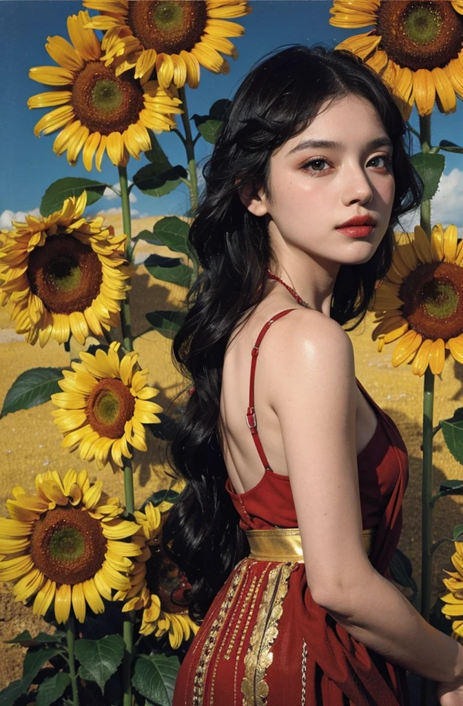 Stylized poster, Russian beauty, in sunflowers, (artist Andrey-Remnev), ((Best Quality, tmasterpiece)), Extreme detailing, 8K