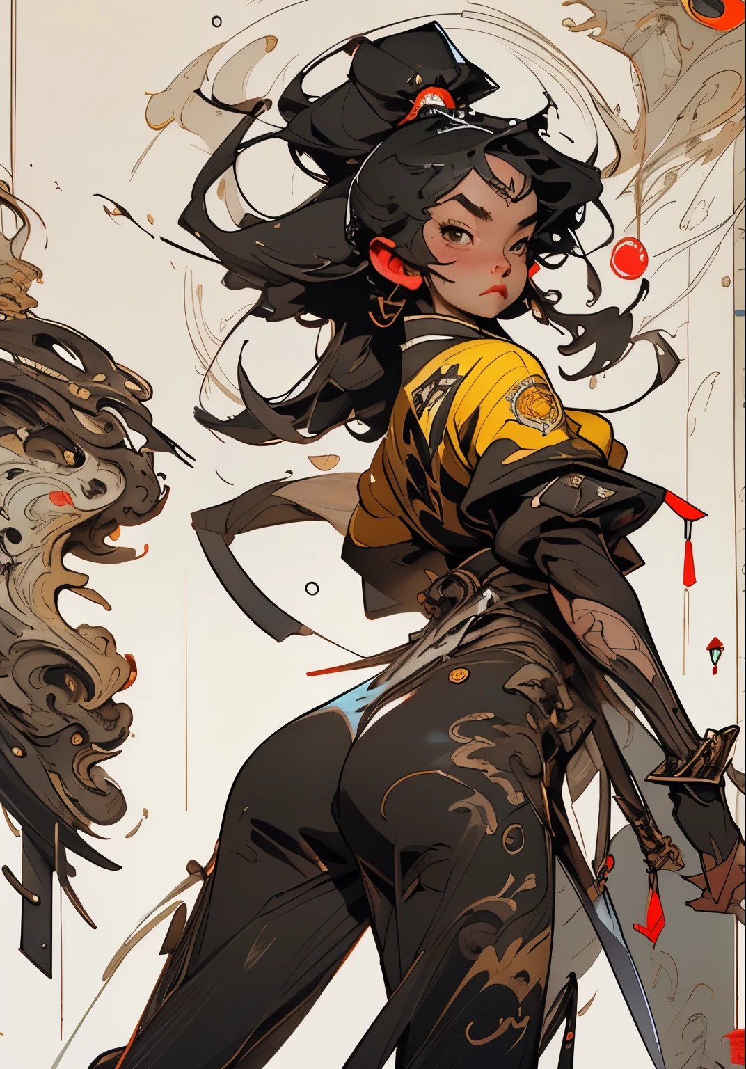 anime - style woman in a black and yellow outfit with a knife, wlop and krenz cushart, wlop rossdraws, rossdraws 1. 0, krenz cushart and wenjun lin, rossdraws digital painting, artwork in the style of guweiz, art of wlop and greg rutkowski, wlop and rossdraws